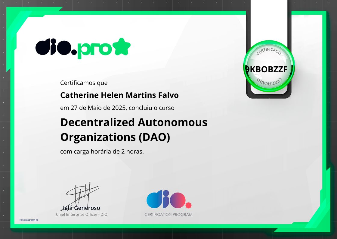 certificate of Decentralized Autonomous Organizations (DAO)