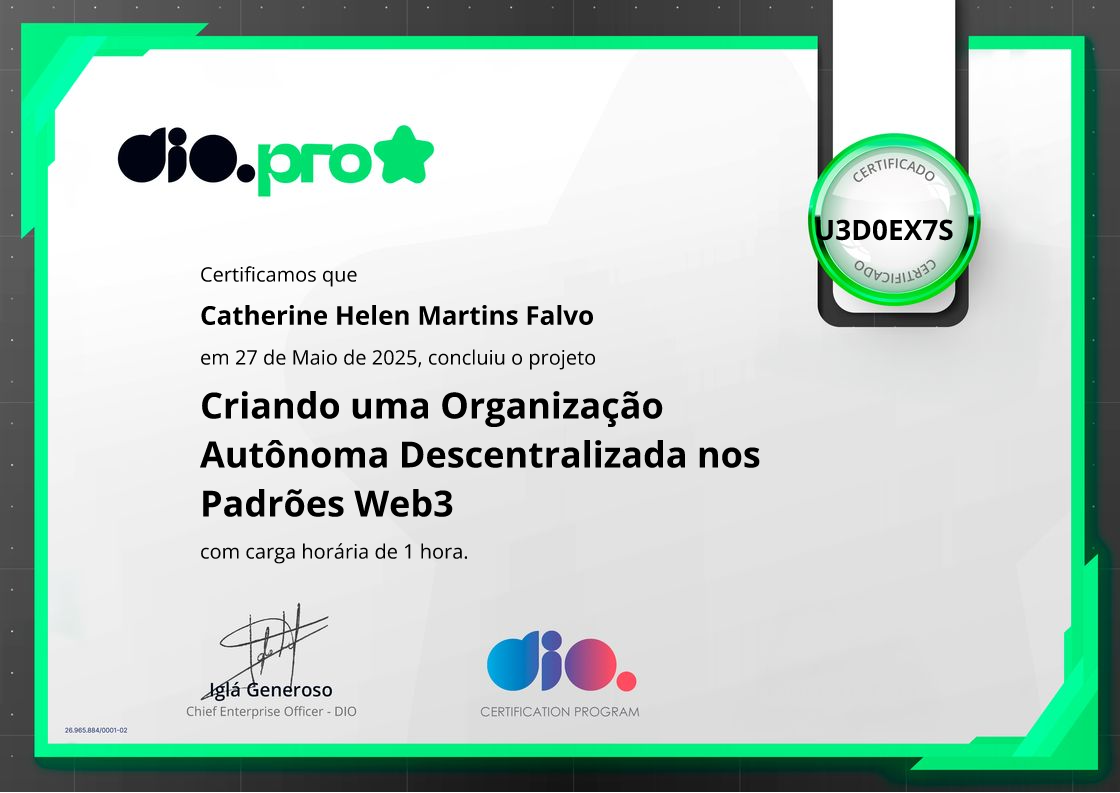 certificate of Criando uma Organização Autônoma Descentralizada nos Padrões Web3